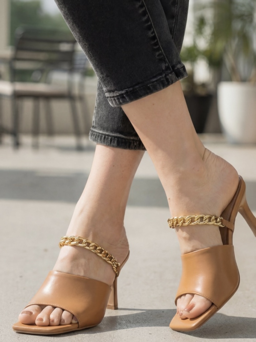 Women's Tan Chain-Trim High Heel Mules